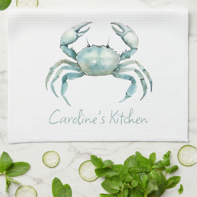 Coastal Watercolor Crab Personalized Tea Towel (Folded)