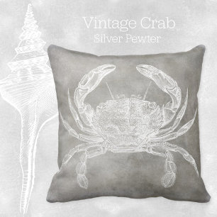 Coastal Watercolor Crab Silver Pewter Neutral Cushion
