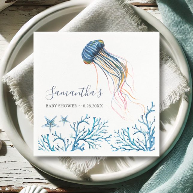 Coastal Watercolor Jelly Fish Personalised Napkins (Under the sea baby shower napkins watercolor art by Victoria Grigaliunas Do Tell A Belle)