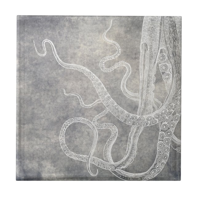 Coastal Watercolor Octopus Silver Pewter Neutral Ceramic Tile (Front)