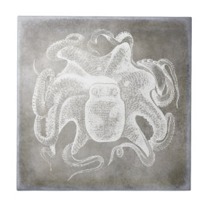 Coastal Watercolor Octopus Silver Pewter Neutral Ceramic Tile