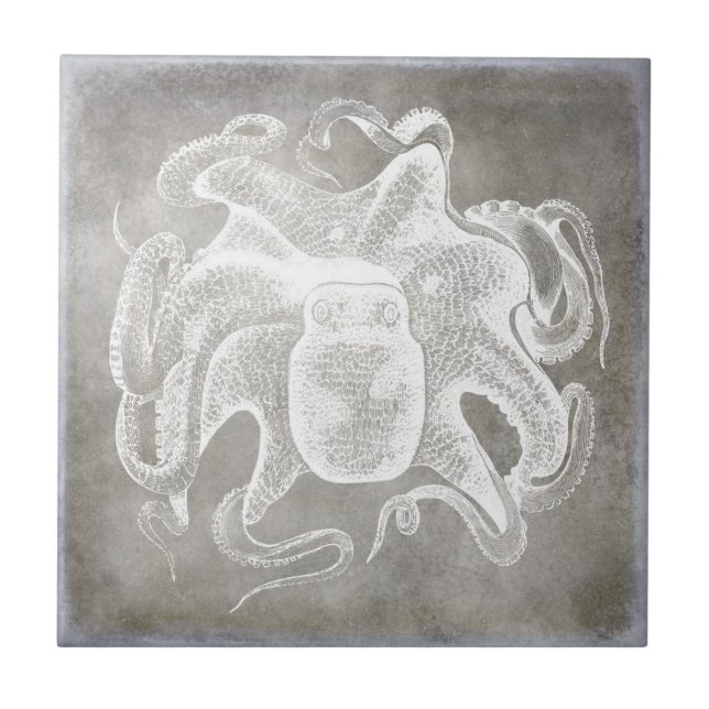 Coastal Watercolor Octopus Silver Pewter Neutral Ceramic Tile (Front)