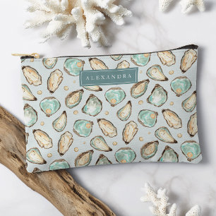 Coastal Watercolor Oyster & Pearl Pattern Accessory Pouch