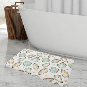 Coastal Watercolor Oyster & Pearl Pattern Bath Mat