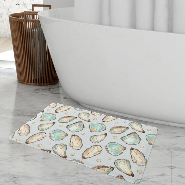 Coastal Watercolor Oyster & Pearl Pattern Bath Mat (Creator Uploaded)
