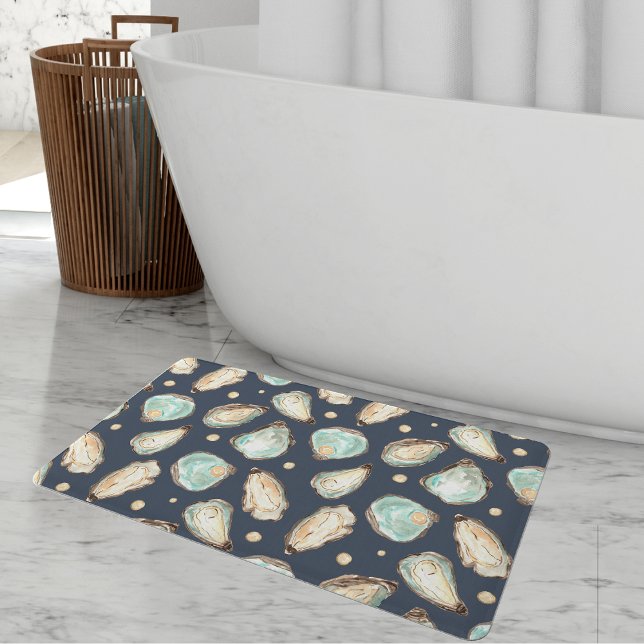 Coastal Watercolor Oyster & Pearl Pattern Bath Mat (Creator Uploaded)