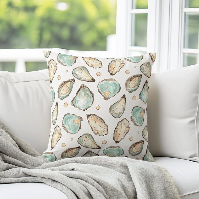 Coastal Watercolor Oyster & Pearl Pattern Cushion (Creator Uploaded)