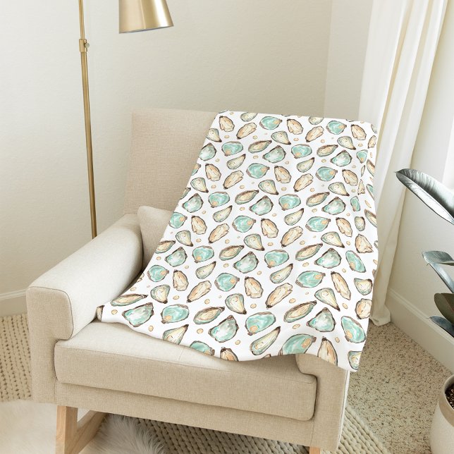 Coastal Watercolor Oyster & Pearl Pattern Fleece Blanket (Creator Uploaded)