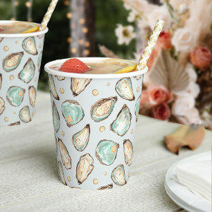 Coastal Watercolor Oyster & Pearl Pattern Paper Cups