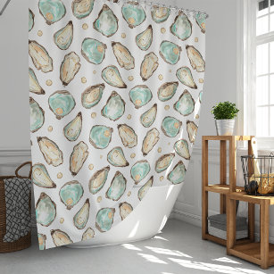 Coastal Watercolor Oyster & Pearl Pattern Shower Curtain
