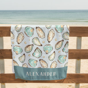 Coastal Watercolor Oyster & Pearl Personalised Beach Towel