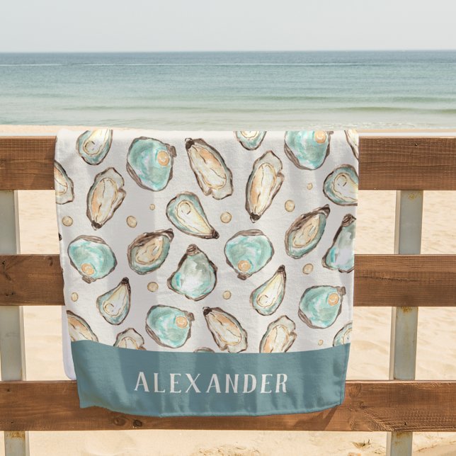 Coastal Watercolor Oyster & Pearl Personalised Beach Towel (Creator Uploaded)