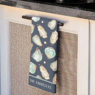 Coastal Watercolor Oyster & Pearl Personalised Tea Towel