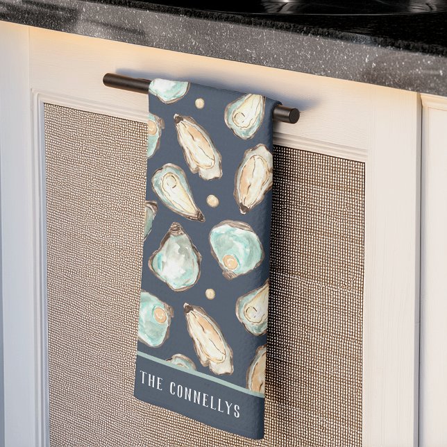 Coastal Watercolor Oyster & Pearl Personalised Tea Towel (Creator Uploaded)