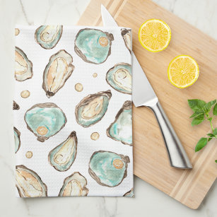 Coastal Watercolor Oyster & Pearl Tea Towel
