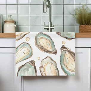 Coastal Watercolor Oyster & Pearl Tea Towel