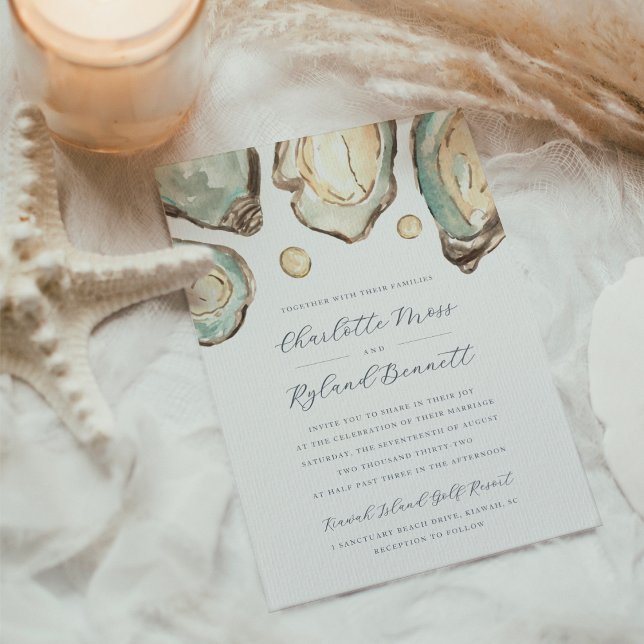 Coastal Watercolor Oyster & Pearl Wedding Invitation (Creator Uploaded)