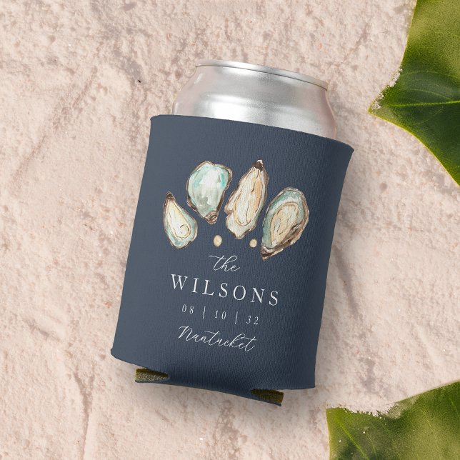 Coastal Watercolor Oyster Wedding Favour Can Cooler (Creator Uploaded)