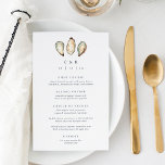 Coastal Watercolor Oyster Wedding Menu<br><div class="desc">Share your wedding reception menu details in elegant style with these coastal wedding menus in white with navy lettering and a trio of aqua and ivory watercolor oyster shell illustrations. Add your initials and wedding date to the top,  then customise the menu items arranged by course.</div>