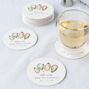 Coastal Watercolor Oyster Wedding Round Paper Coaster