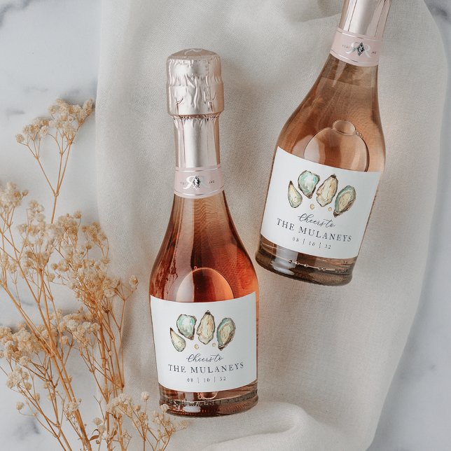 Coastal Watercolor Oyster Wedding Sparkling Wine Label (Creator Uploaded)