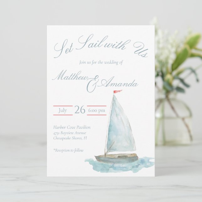 Coastal Watercolor Sailboat  Invitation (Standing Front)
