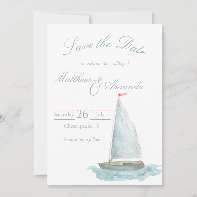 Coastal Watercolor Sailboat Save the Date Invitation (Front)
