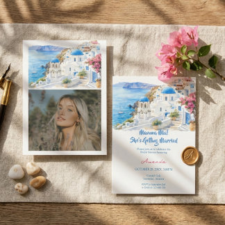 Coastal Watercolor Santorini Greece Bridal Shower Invitation