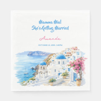 Coastal Watercolor Santorini Greece Bridal Shower Napkin