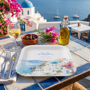 Coastal Watercolor Santorini Greece Bridal Shower Paper Plate