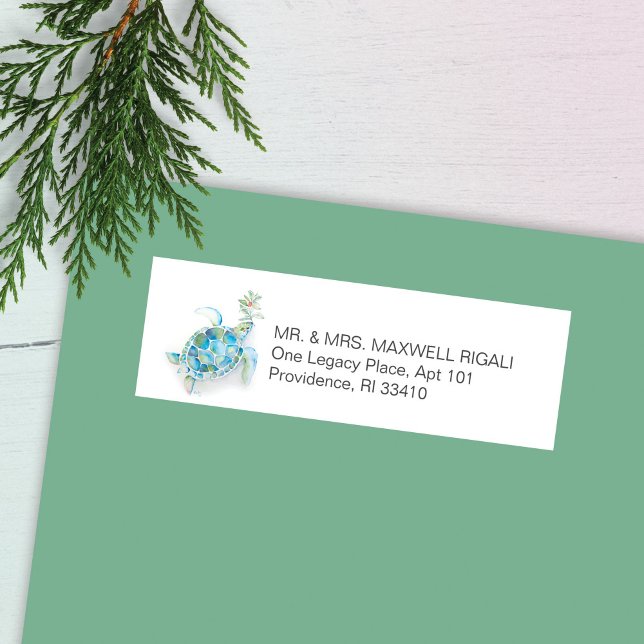 Coastal Watercolor Sea Turtle Address Labels (Return address labels beach Christmas Watercolor sea turtle art by Victoria Grigaliunas)
