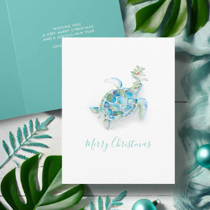 Coastal Watercolor Sea Turtle Beach Christmas Card