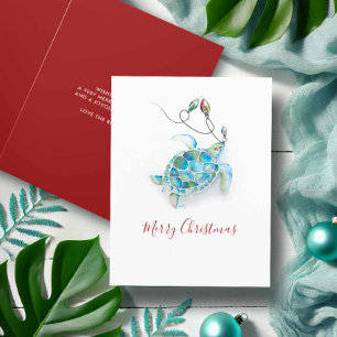 Coastal Watercolor Sea Turtle Beach Christmas Card