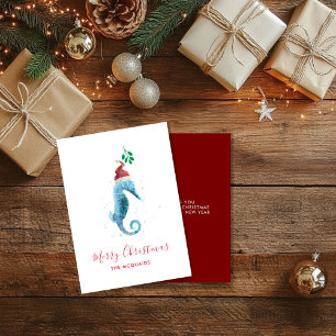 Coastal Watercolor SeaHorse Christmas Holiday Card