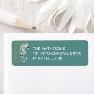 Coastal Watercolor Seahorse & Gold Coral Aqua Teal Return Address Label