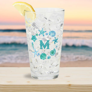 Coastal Watercolor Seashells and Starfish Monogram Glass