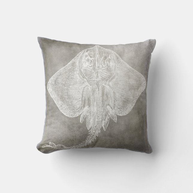 Coastal Watercolor Sting Ray Skate Pewter Neutral Cushion (Front)
