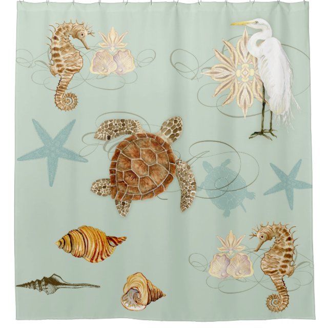 Coastal Waterways Egret Seahorse Sea Turtle Shells Shower Curtain (Front)