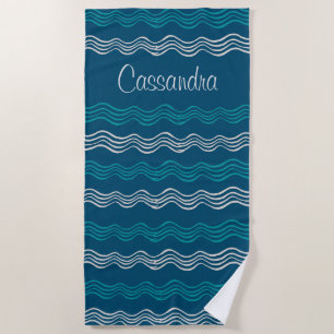Coastal Waves Blue and White Stripes  Nautical Beach Towel
