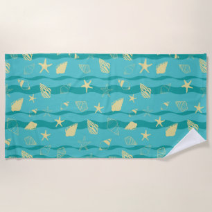 Coastal Waves & Seashell Pattern Beach Towel