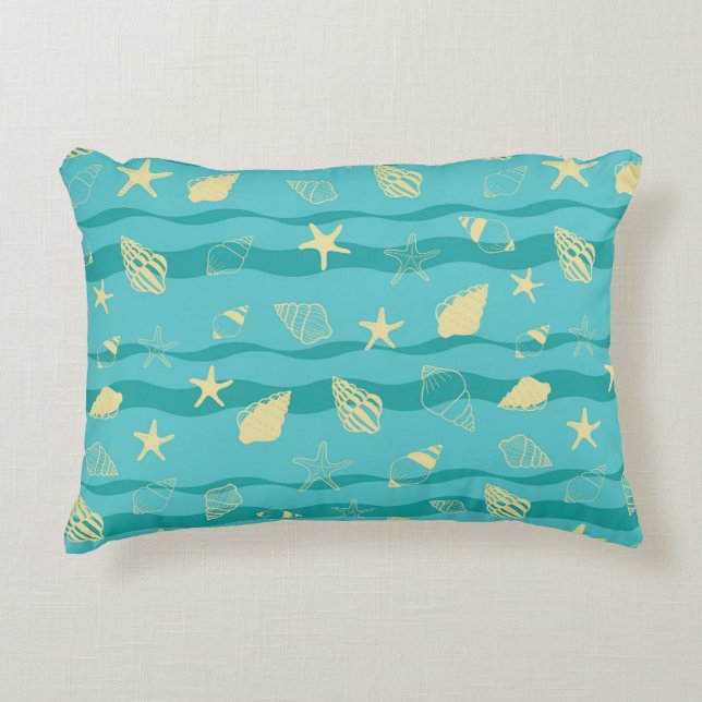 Coastal Waves & Seashell Pattern Decorative Cushion (Front)