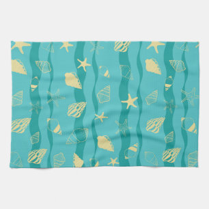 Coastal Waves & Seashell Pattern Tea Towel