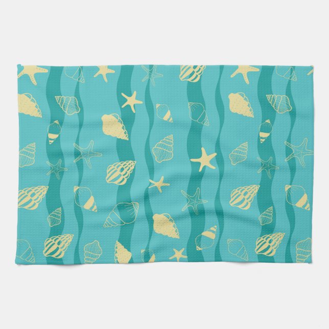 Coastal Waves & Seashell Pattern Tea Towel (Horizontal)