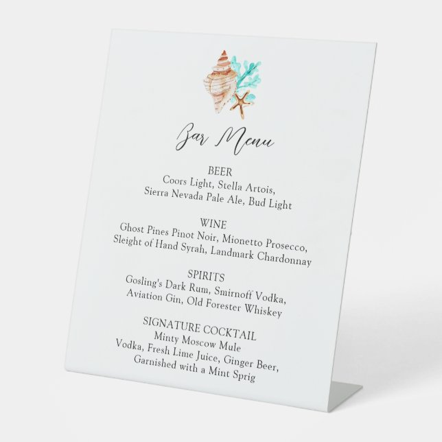 Coastal Wedding Bar Menu Elegant Script Drink List Pedestal Sign (Front)