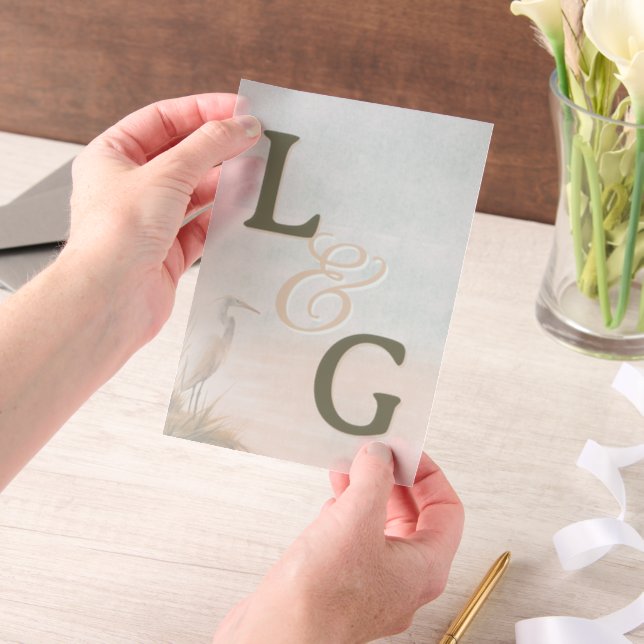 Coastal Wedding Big Initials Egret Overlay Vellum Invitations (Handheld)