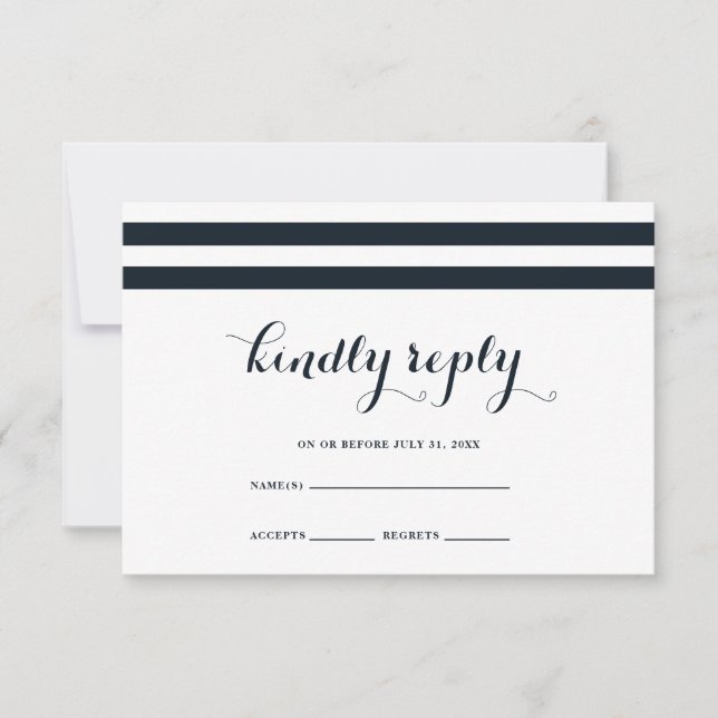 Coastal Wedding Blue and White Stripes RSVP Card (Front)