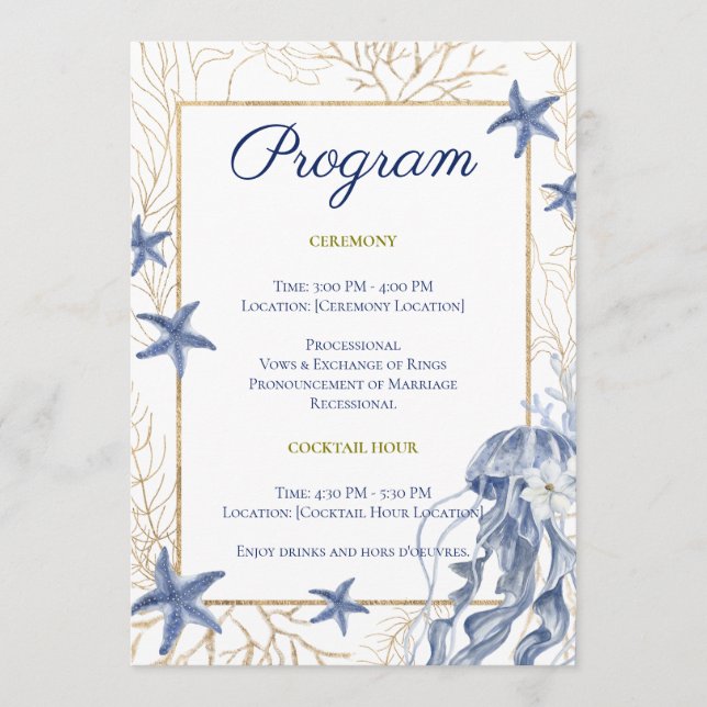 Coastal Wedding Blue & Gold Program (Front)
