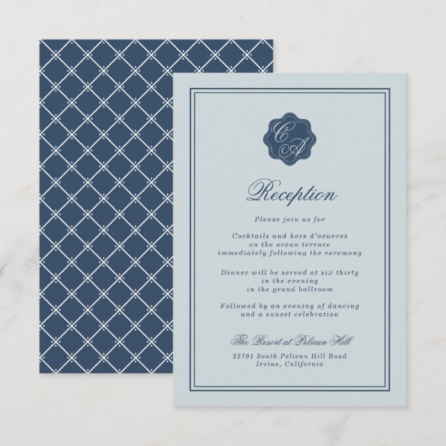 Coastal Wedding Dusty Blue Monogram Reception Enclosure Card (Front/Back)
