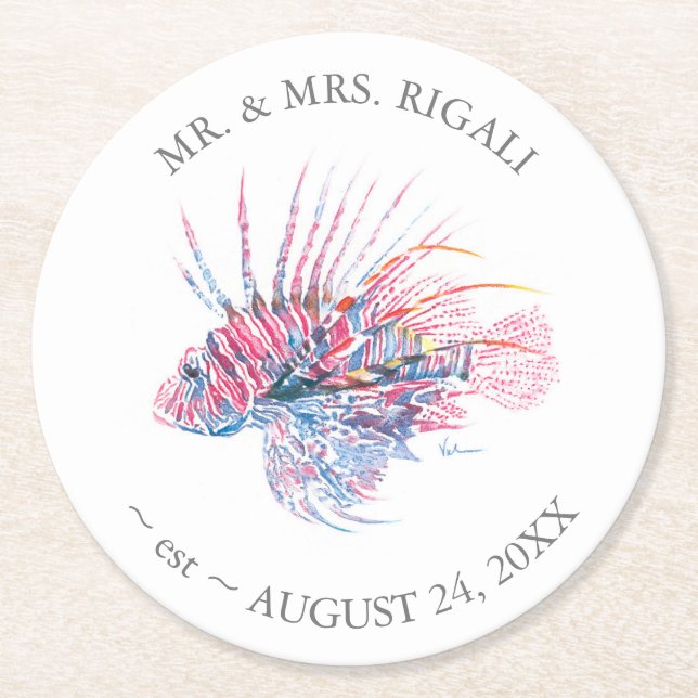 Coastal Wedding Lionfish Round Paper Coaster (Front)