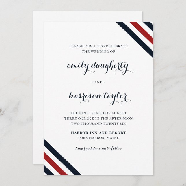 Coastal Wedding Nautical Stripes Red White Blue Invitation (Front/Back)